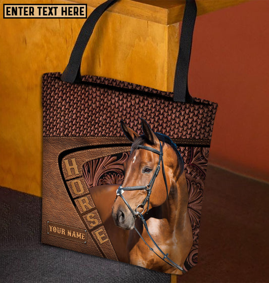 Joycorners Warmblood Horse Carving Leather Pattern Custom Name 3D Tote Bag