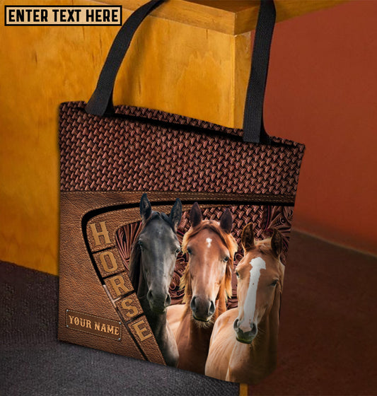 Joycorners Three Horses Lovers Carving Leather Pattern Custom Name 3D Tote Bag