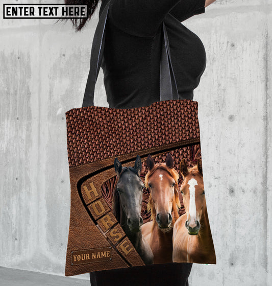 Joycorners Three Horses Lovers Carving Leather Pattern Custom Name 3D Tote Bag
