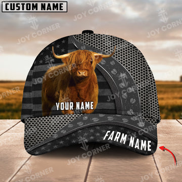 Joycorners Highland Cow Customized Name And Farm Name Metal 3D Classic Cap