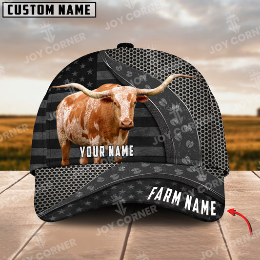 Joycorners Texas Longhorn Cow Customized Name And Farm Name Metal 3D Classic Cap