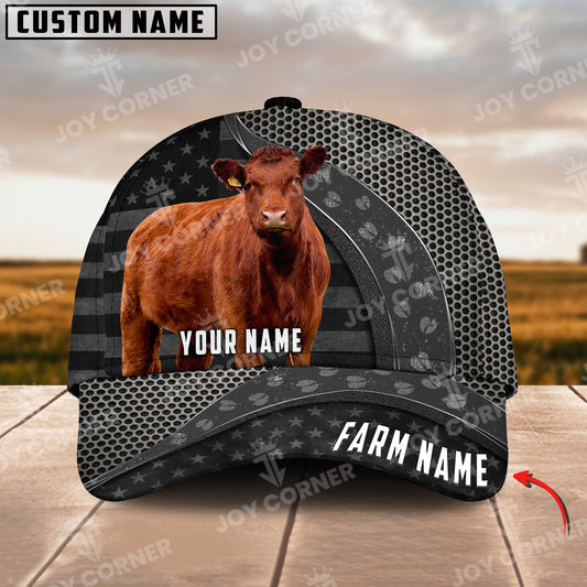 Joycorners Red Angus Cow Customized Name And Farm Name Metal 3D Classic Cap