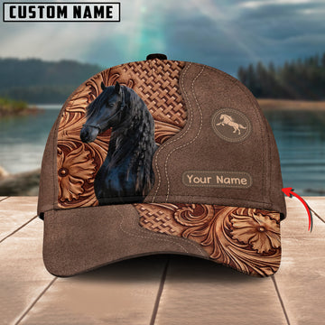 Joycorners Friesian Horse Carving Leather Pattern Custom Name 3D Classic Cap