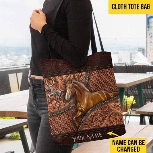 Joycorners Horse Vintage Carving Leather Pattern Custom Name 3D Tote Bag
