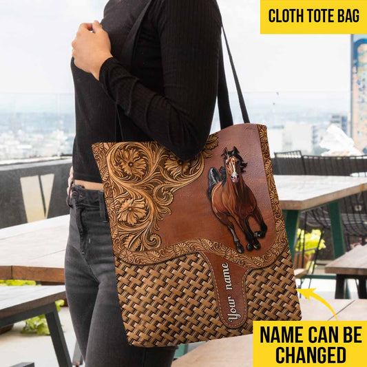 Joycorners Horse Vintage Carving Leather Pattern Custom Name 3D Tote Bag