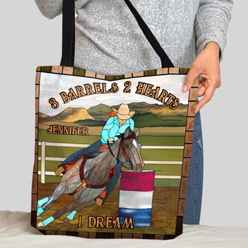 Joycorners 3 Barrels 2 Hearts 1 Dream Horse Custom Name 3D Tote Bag