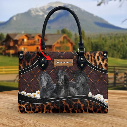 JC Friesian Horse Happiness Sunflower Custom Name 3D Leather Handbag