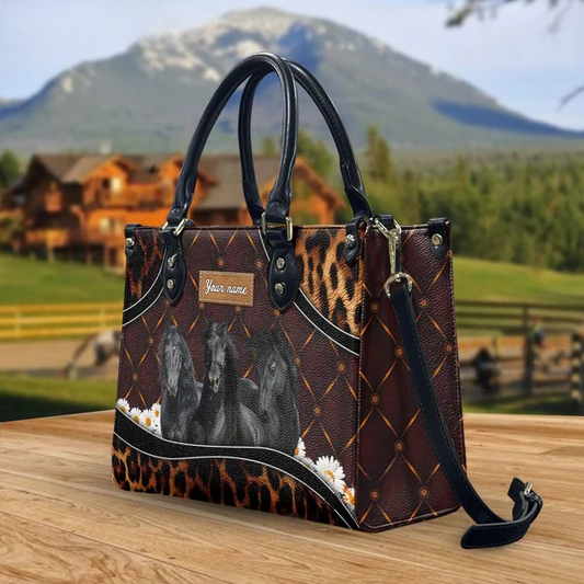 JC Friesian Horse Happiness Sunflower Custom Name 3D Leather Handbag