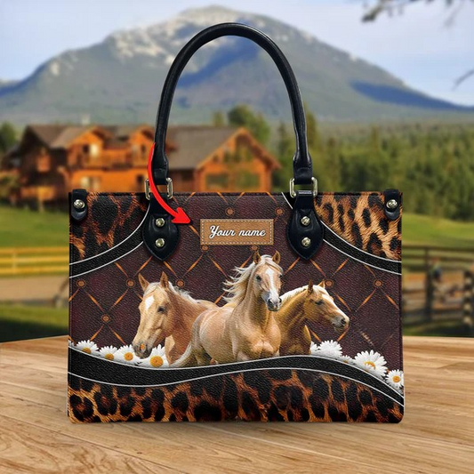 JC Palomino Horse Happiness Sunflower Custom Name 3D Leather Handbag