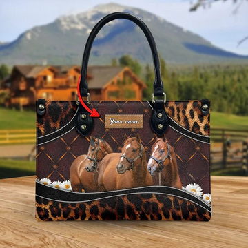 JC Thoroughbred Horse Happiness Sunflower Custom Name 3D Leather Handbag