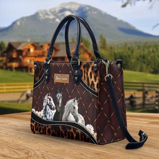 JC Appaloosa Horse Happiness Sunflower Custom Name 3D Leather Handbag