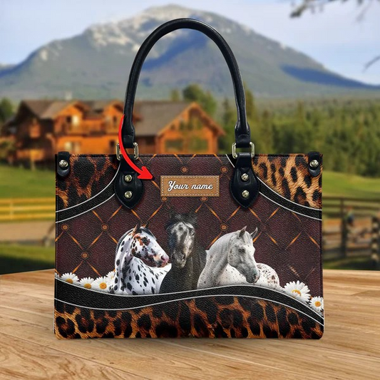 JC Appaloosa Horse Happiness Sunflower Custom Name 3D Leather Handbag
