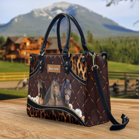 JC Morgan Horse Happiness Sunflower Custom Name 3D Leather Handbag