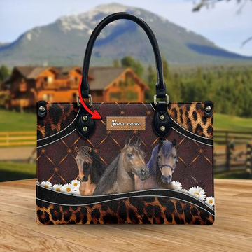 JC Morgan Horse Happiness Sunflower Custom Name 3D Leather Handbag