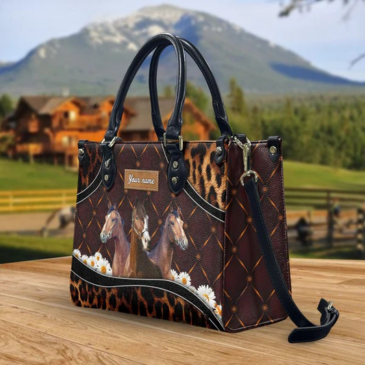 JC Warmblood Horse Happiness Sunflower Custom Name 3D Leather Handbag