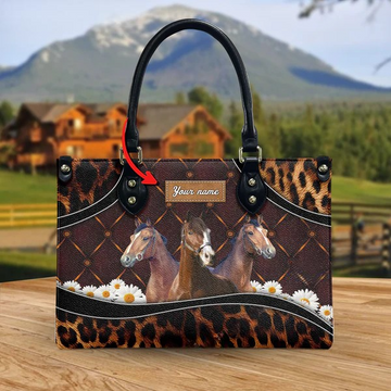 JC Warmblood Horse Happiness Sunflower Custom Name 3D Leather Handbag
