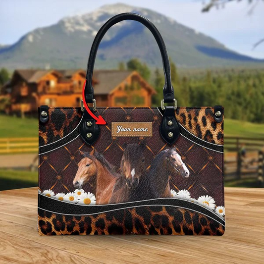JC Hackney Horse Happiness Sunflower Custom Name 3D Leather Handbag