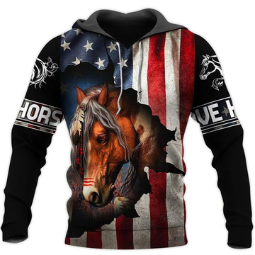 Joycorners Brown Horse Lover American Flag 3D Hoodie