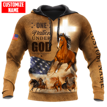 Joycorners Custom Name Brown Horse Lover American Flag God 3D Hoodie