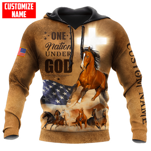 Joycorners Custom Name Brown Horse Lover American Flag God 3D Hoodie