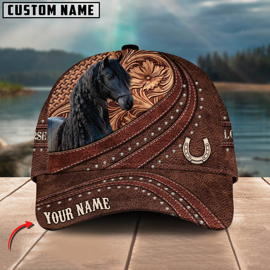 Joycorners Friesian Horse Carving Leather Pattern Custom Name 3D Classic Cap