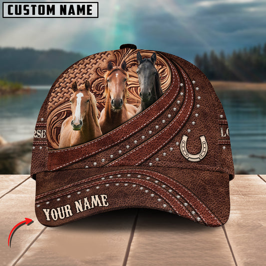 Joycorners Three Horses Carving Leather Pattern Custom Name 3D Classic Cap