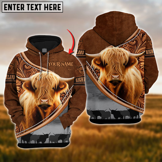 Joycorners Custom Name Highland Cattle Carving Leather Pattern 3D Hoodie