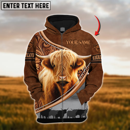 Joycorners Custom Name Highland Cattle Carving Leather Pattern 3D Hoodie