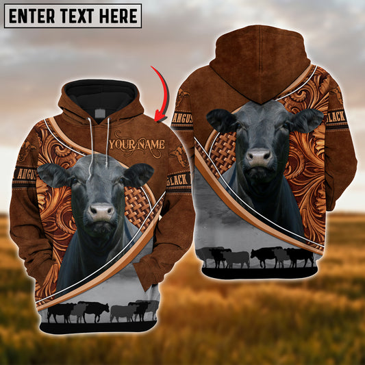 Joycorners Custom Name Black Angus Cattle Carving Leather Pattern 3D Hoodie