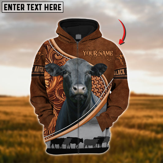 Joycorners Custom Name Black Angus Cattle Carving Leather Pattern 3D Hoodie