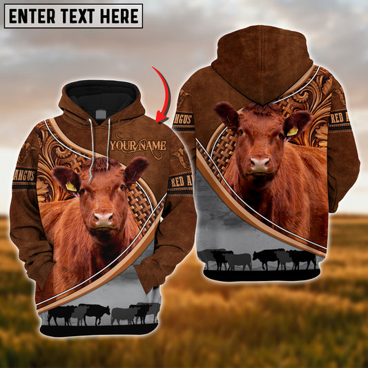 Joycorners Custom Name Red Angus Cattle Carving Leather Pattern 3D Hoodie