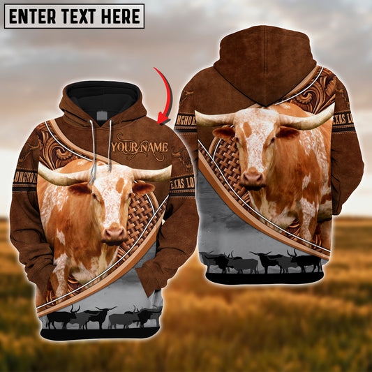 Joycorners Custom Name Texas Longhorn Cattle Carving Leather Pattern 3D Hoodie