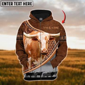 Joycorners Custom Name Texas Longhorn Cattle Carving Leather Pattern 3D Hoodie