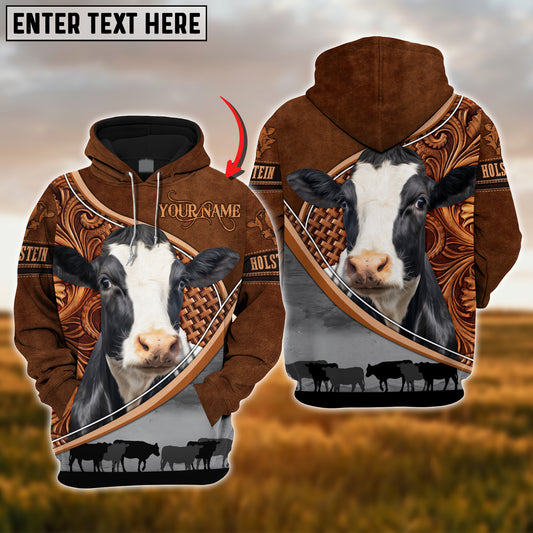 Joycorners Custom Name Holstein Cattle Carving Leather Pattern 3D Hoodie