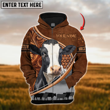 Joycorners Custom Name Holstein Cattle Carving Leather Pattern 3D Hoodie