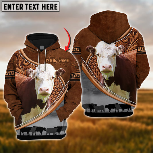 Joycorners Custom Name Hereford Cattle Carving Leather Pattern 3D Hoodie