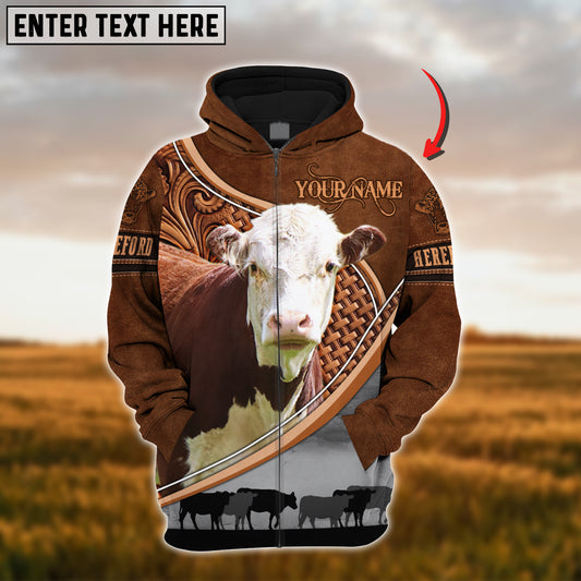 Joycorners Custom Name Hereford Cattle Carving Leather Pattern 3D Hoodie