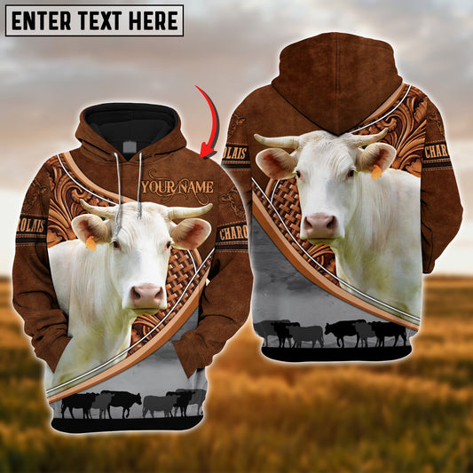 Joycorners Custom Name Charolais Cattle Carving Leather Pattern 3D Hoodie