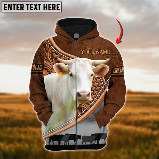 Joycorners Custom Name Charolais Cattle Carving Leather Pattern 3D Hoodie