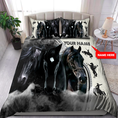 Joycorners 3 Black Horses Custom Name 3D Bedding Set