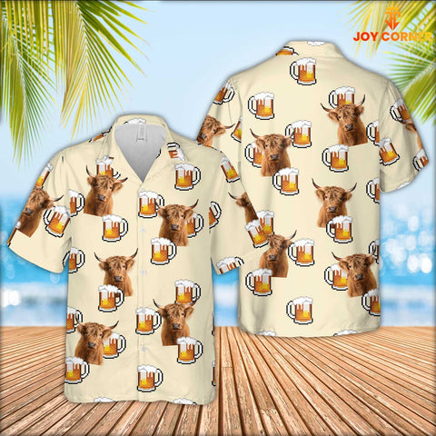 JoyCorners Highland Cattle Drink Beer Pattern Hawaiian Shirt