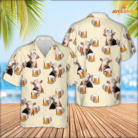 JoyCorners Hereford Cattle Drink Beer Pattern Hawaiian Shirt