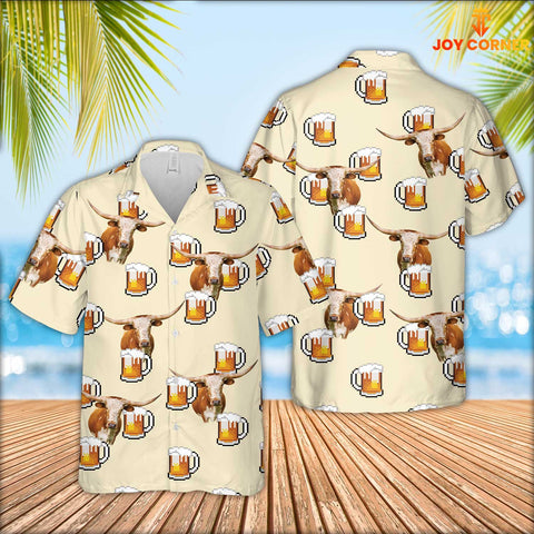 JoyCorners Texas Longhorn Cattle Drink Beer Pattern Hawaiian Shirt