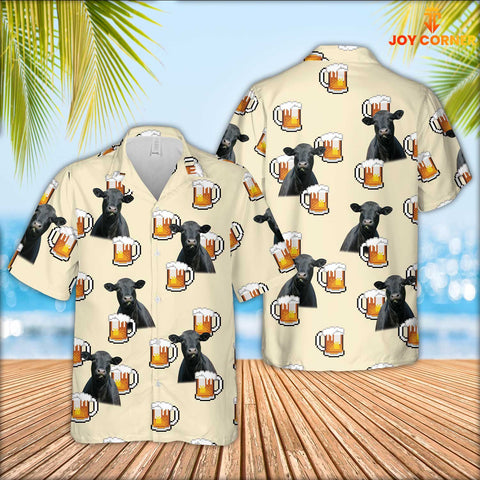 JoyCorners Black Angus Cattle Drink Beer Pattern Hawaiian Shirt