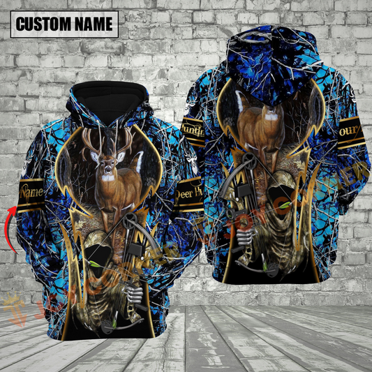 Joycorners Blue Camo Deer Hunting Custom Name Hunter Apparel With Grim Reaper Design 3D Hoodie All Over Printed Clothes