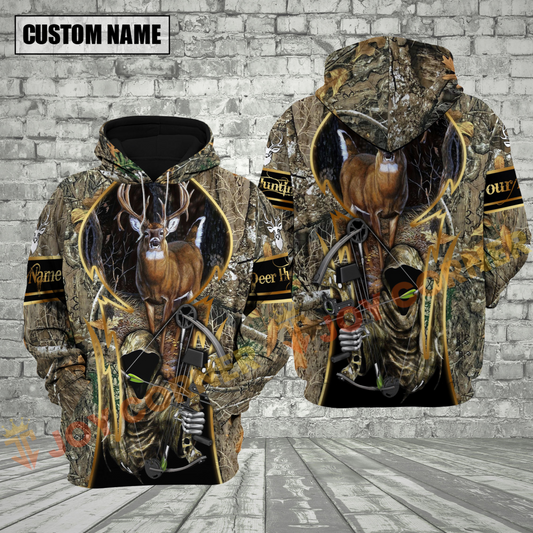 Joycorners Brown  Camo Deer Hunting Custom Name Hunter Apparel With Grim Reaper Design 3D Hoodie All Over Printed Clothes