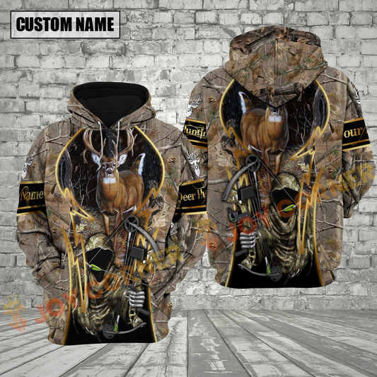 Joycorners Grass Brown Camo Deer Hunting Custom Name Hunter Apparel With Grim Reaper Design 3D Hoodie All Over Printed Clothes