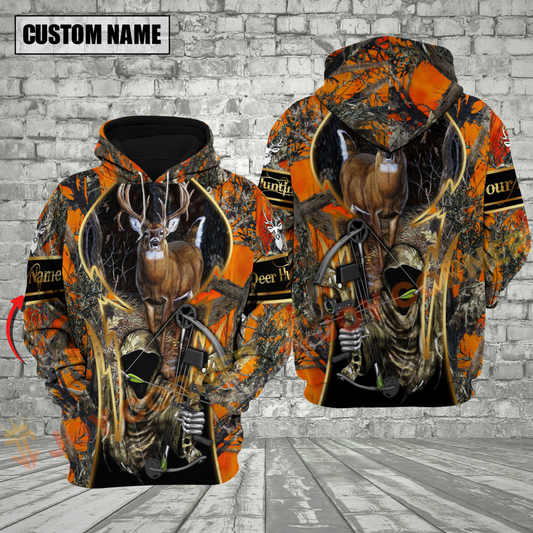 Joycorners Orange Camo Deer Hunting Custom Name Hunter Apparel With Grim Reaper Design 3D Hoodie All Over Printed Clothes