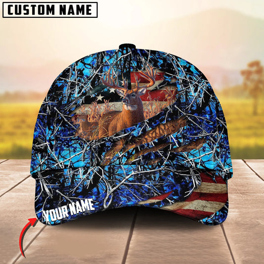 Joycorners Deer Hunting USA Flag Crack Camo Pattern Personalized Name 3D Cap