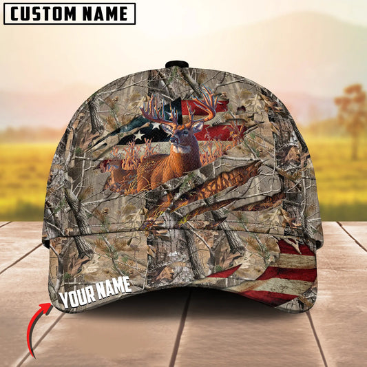 Joycorners Deer Hunting USA Flag Crack Camo Pattern Personalized Name 3D Cap